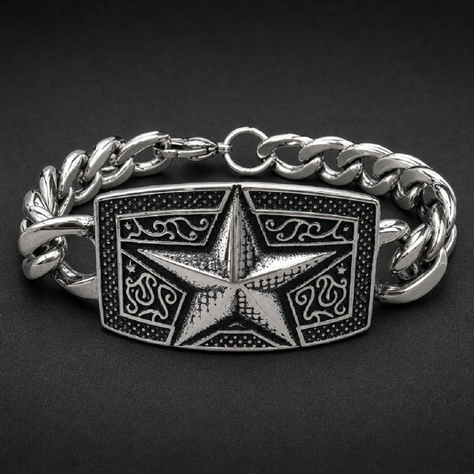 Heavy 316L stainless steel unisex bracelet featuring a dimensional five-point star centerpiece with black oxidized scrollwork and curb chain