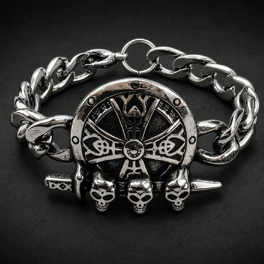 316L stainless steel unisex curb chain bracelet with circular shield emblem and three skulls across a dagger