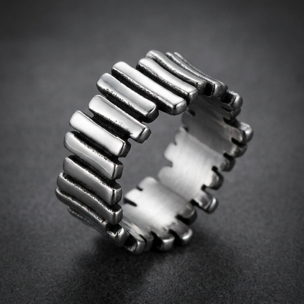 Heavy-duty 316L surgical-grade stainless steel ring with a wide band featuring multiple parallel, textured bars in a shiny silver finish.