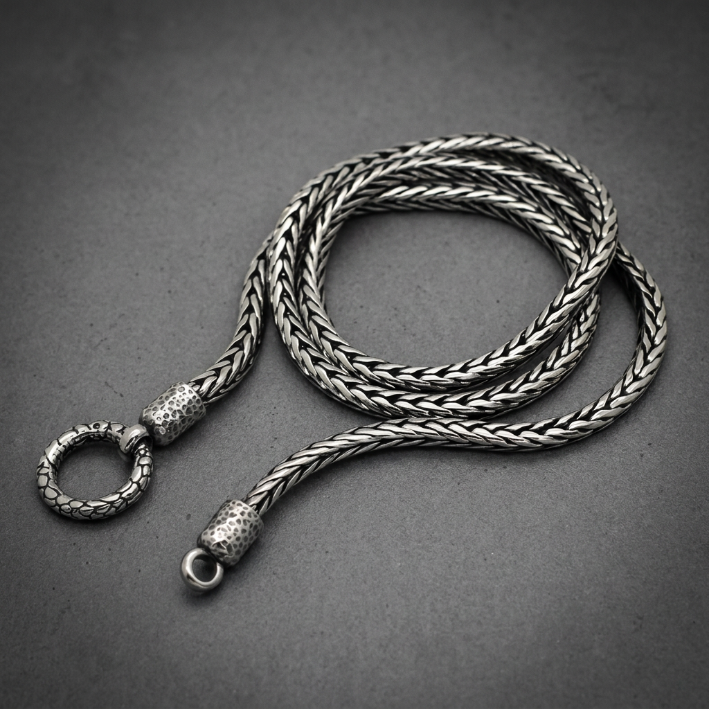 Silver 316L stainless steel Vaulted Chain Necklace with intricate woven links and detailed hammered end caps, coiled on a dark surface.