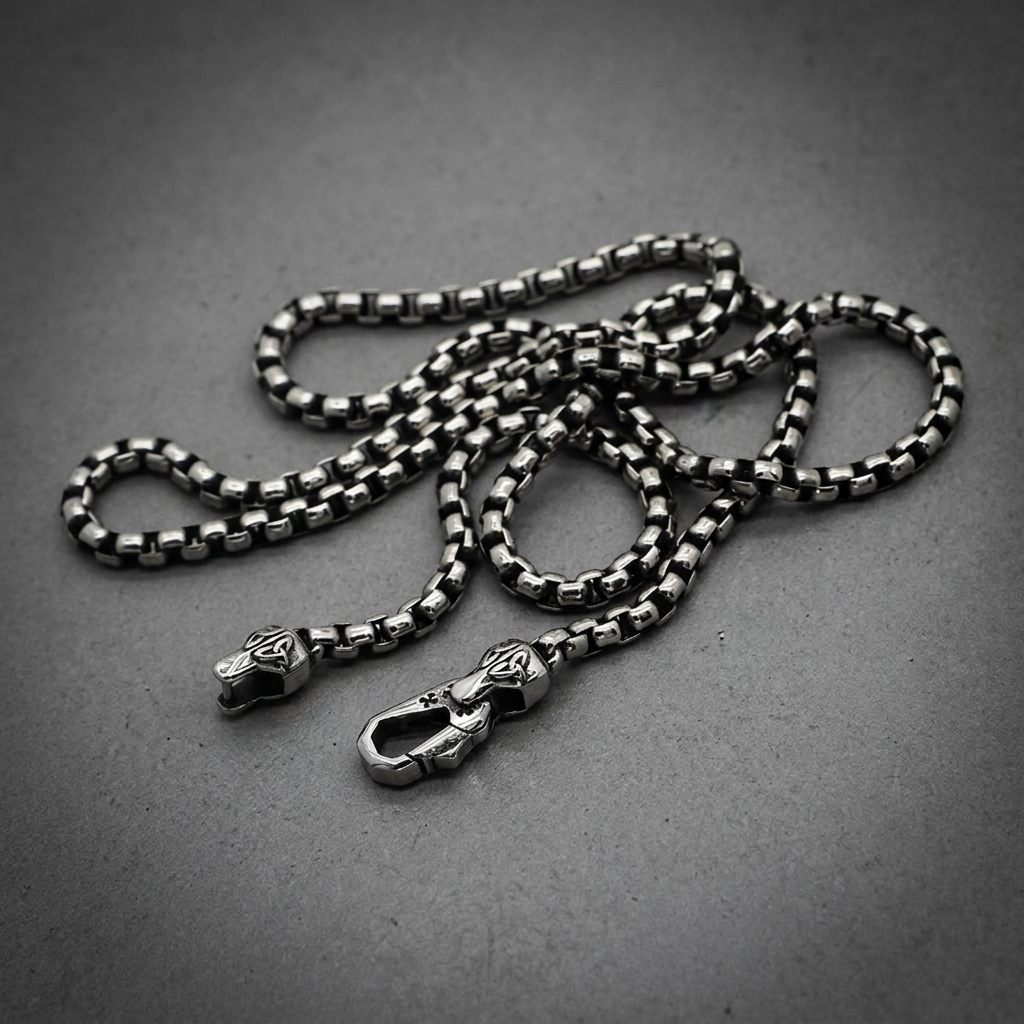 Vaulted Chain 24 inch necklace made from heavy 316L surgical stainless steel, featuring polished links and a detailed beast head clasp.