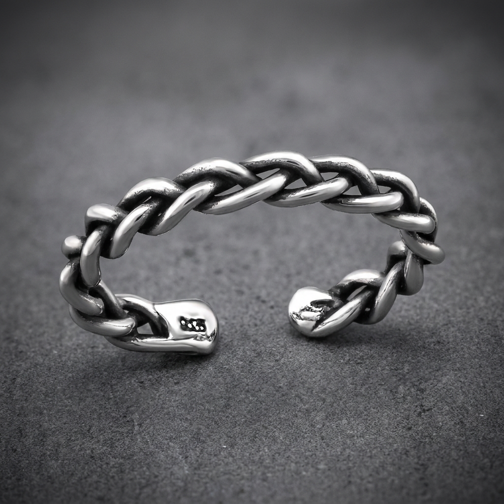 Vaulted Chain Ring 316L stainless steel, interwoven chain link design, silver finish