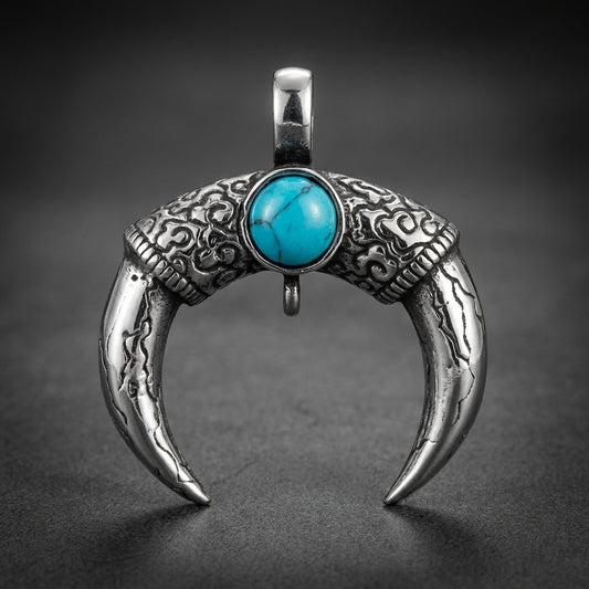 Vaulted Claw 316L stainless steel pendant with etched double claw design and a prominent turquoise gemstone