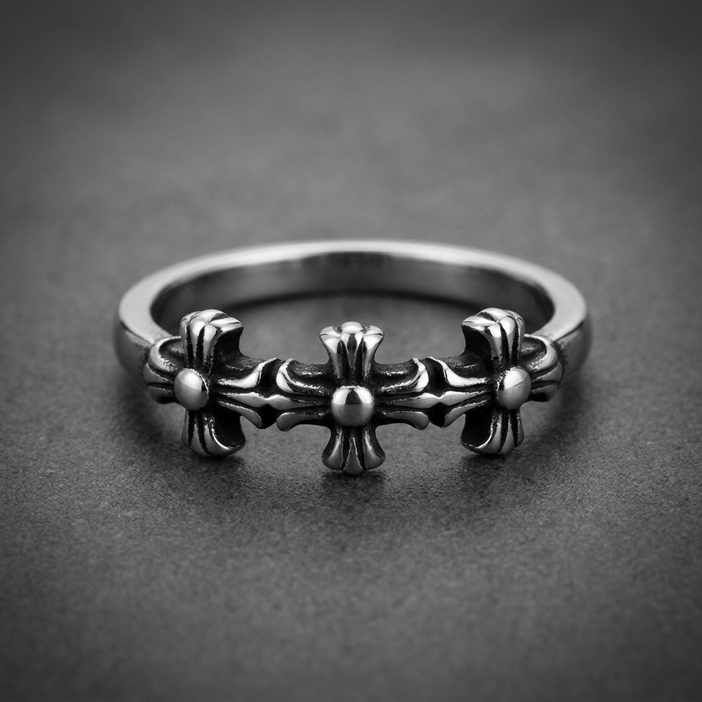 Vaulted Cross Ring, 316L stainless steel, dark oxidized gothic crosses, unisex band