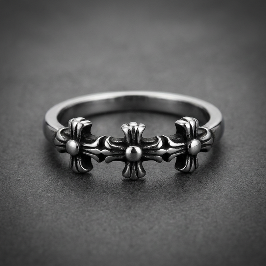 Vaulted Cross Ring, 316L stainless steel, dark oxidized gothic crosses, unisex band