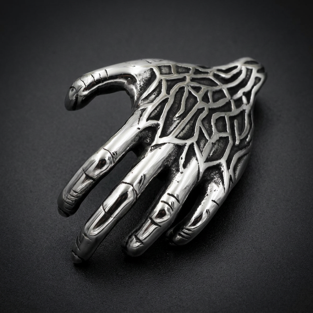 Intricate 316L stainless steel hand pendant with deep line details and polished knuckles. Solid metal, skeletal-like fingers.