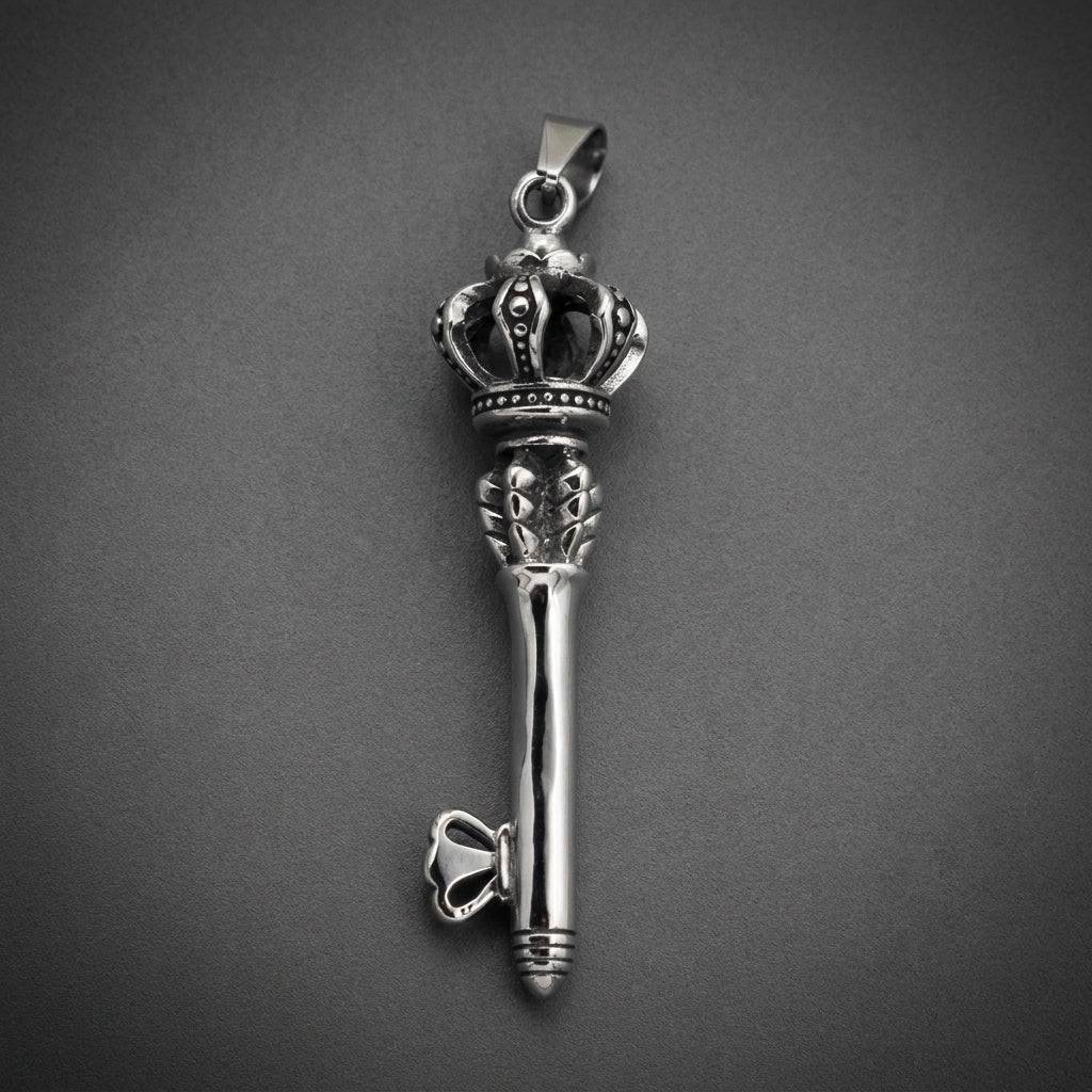 A heavy 316L surgical stainless steel pendant shaped like an ornate key with a crown at the top, polished to a bright finish.
