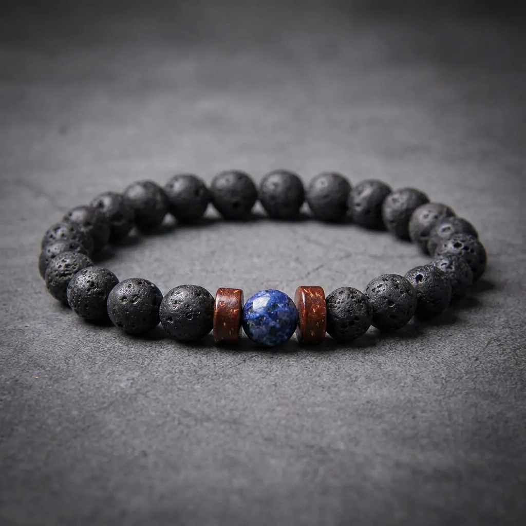 Black lava rock bead bracelet with a central blue lapis lazuli bead and brown wood barrel spacers, crafted from 316L stainless steel.