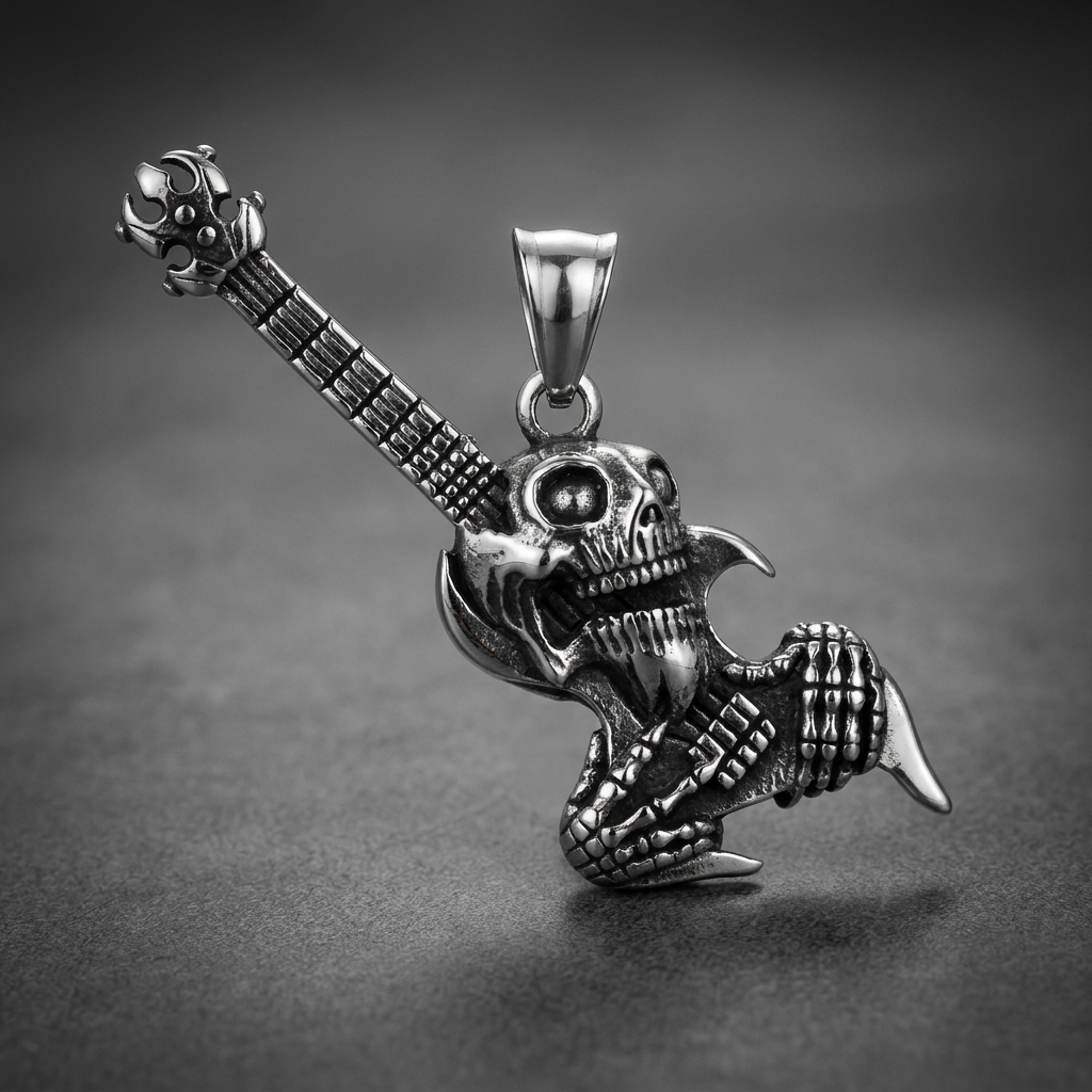 Silver 316L surgical stainless steel skull guitar pendant with skeletal hand details.