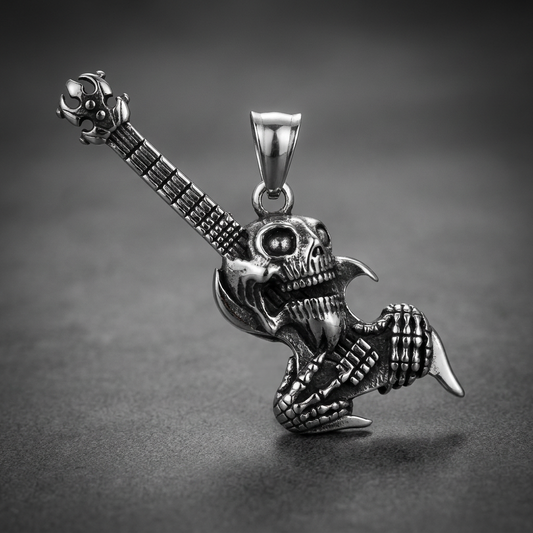 Silver 316L surgical stainless steel skull guitar pendant with skeletal hand details.