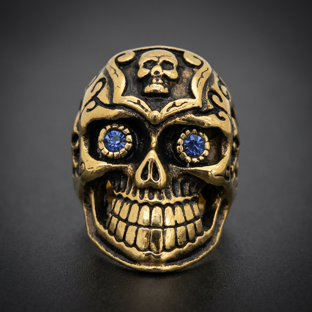 Gold Vaulted Skull Ring in 316L surgical stainless steel with blue jeweled eyes and ornate scrollwork