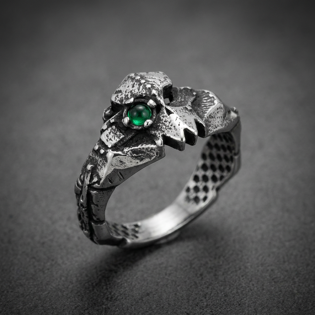 316L stainless steel reptilian ring with jagged teeth and a single green gem eye, worn on a finger