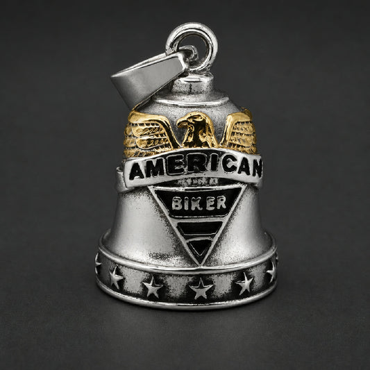 316L stainless steel biker bell featuring gold-tone raptor, American Biker insignia, and star-embossed lower skirt