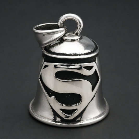 316L stainless steel guardian biker bell featuring a raised hero S sigil with black antiqued recesses and heavy suspension bail