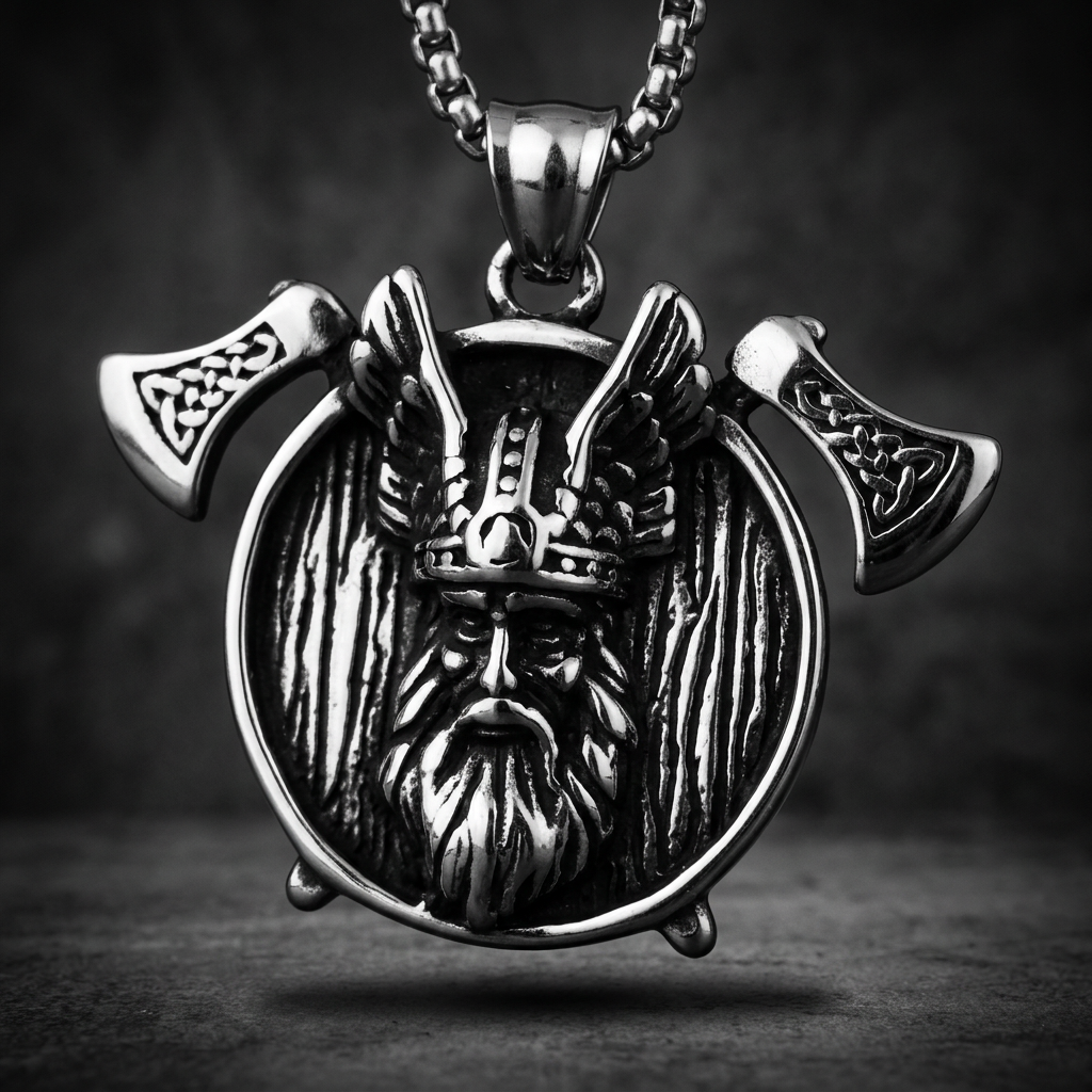 Odin Axe Pendant 316L stainless steel necklace with intricate Norse god and battle axe design