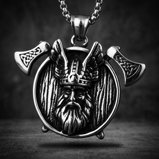 Odin Axe Pendant 316L stainless steel necklace with intricate Norse god and battle axe design