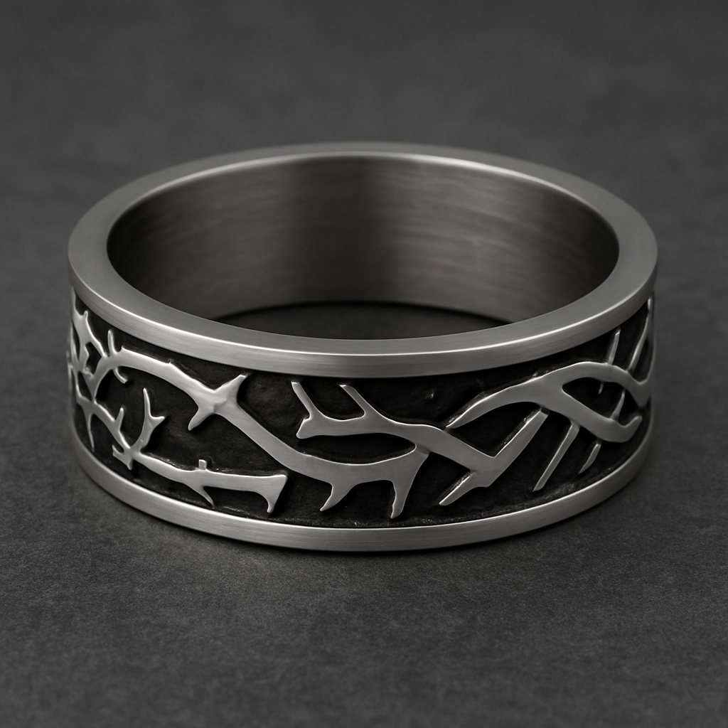 Stainless steel ring with vine design in black and silver accents