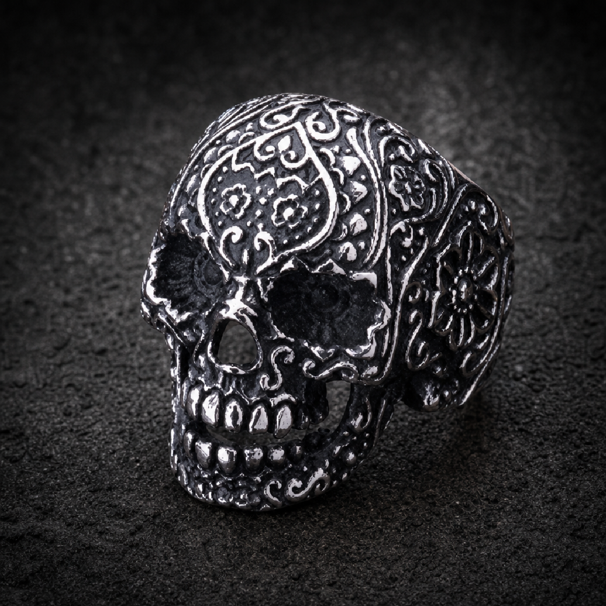 Vintage Black Eyes Flower Skull Ring Stainless Steel - 316L stainless steel unisex jewelry (R0326)