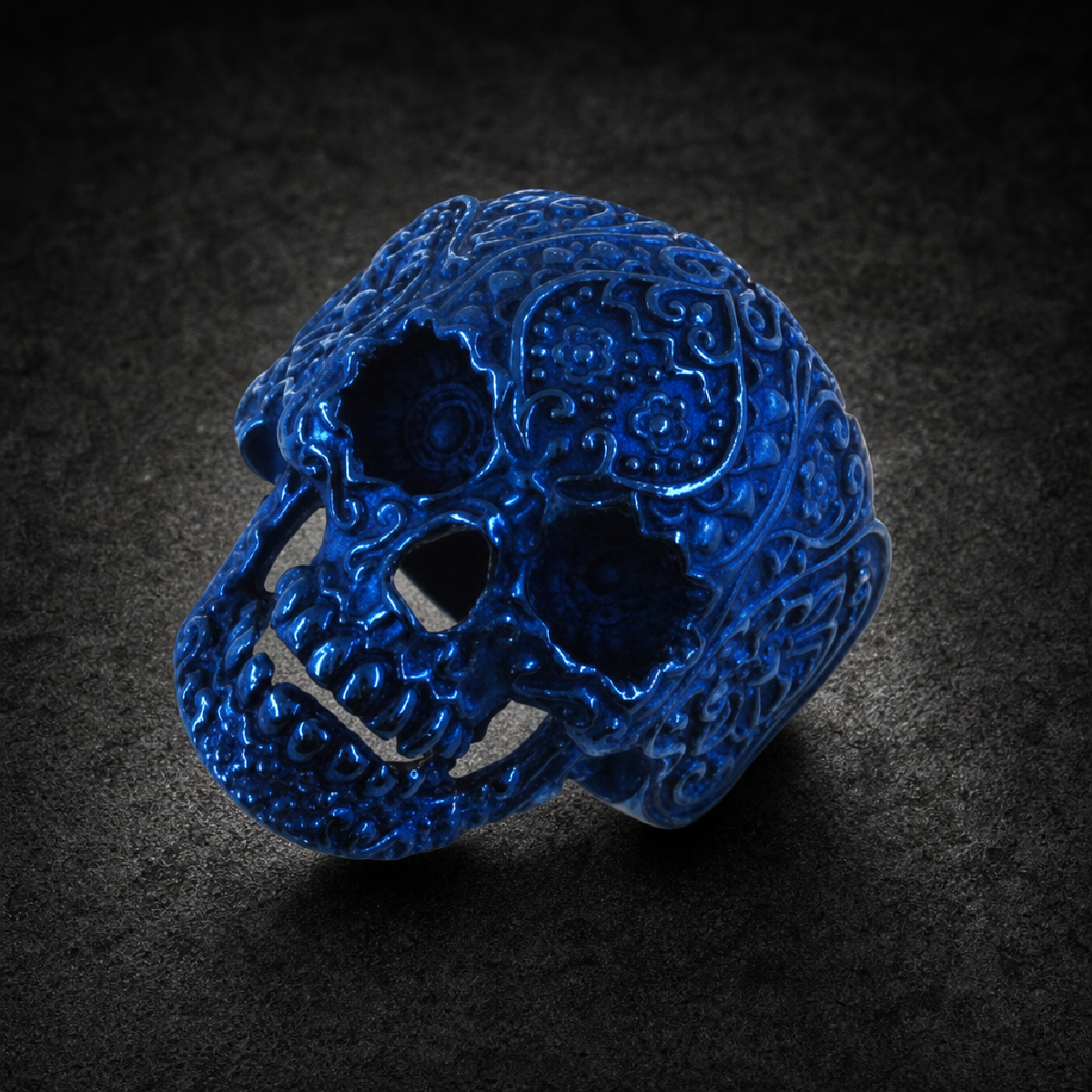 Vintage BLUE Flower Skull Ring - 316L stainless steel unisex jewelry (R0628)
