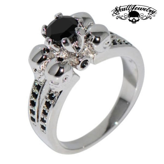 'Quattro Teschi' Four Skulls 10KT White Gold Filled Black Sapphire Wedding/Engagement Ring