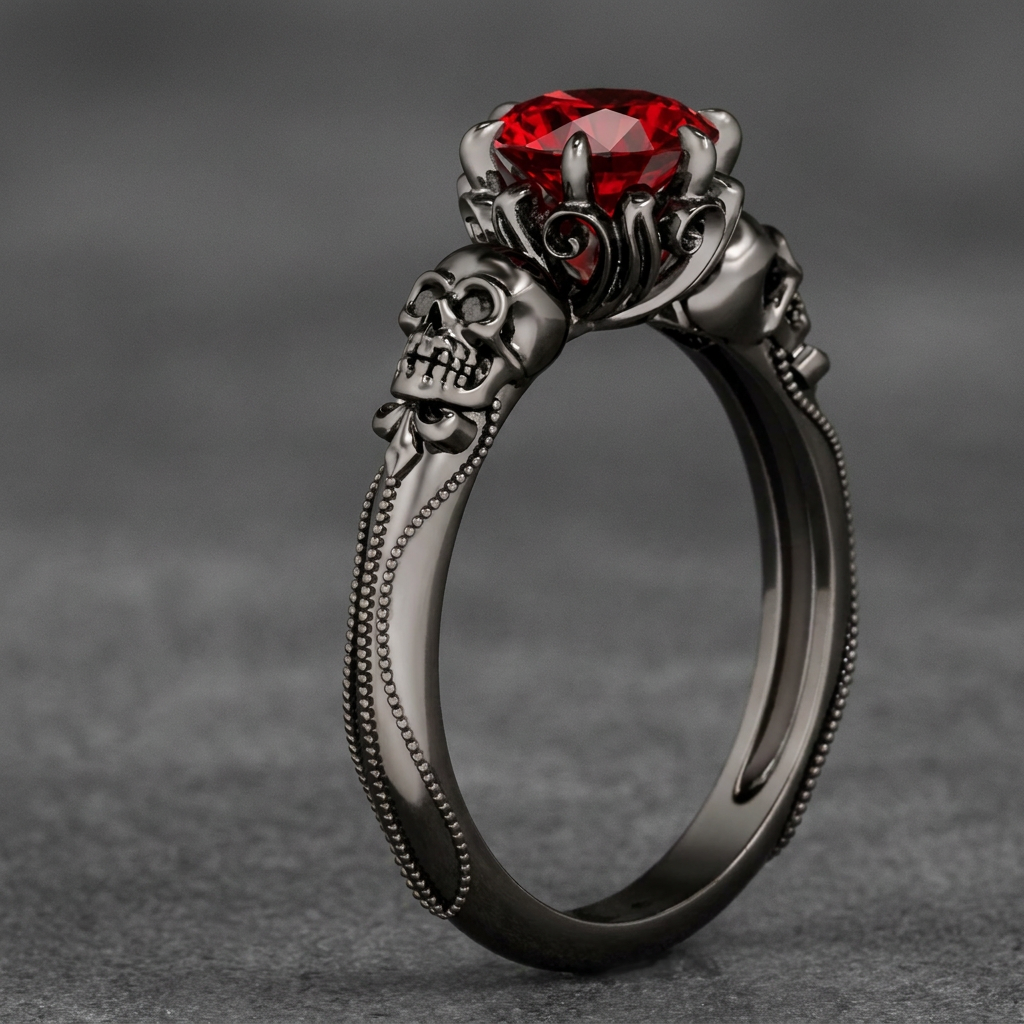 'Due Teschi Neri' 2 Skulls Black & Crystal Ring (w024), 316L stainless steel mens skull ring for bikers