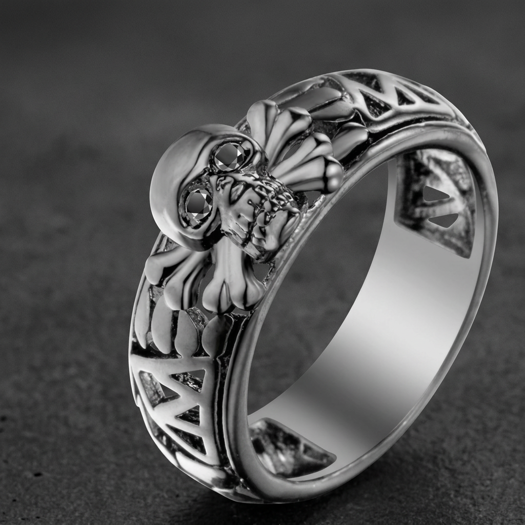 'Beyond The Black Diamond Gates' Skull Ring (w026), 316L stainless steel mens skull ring for bikers
