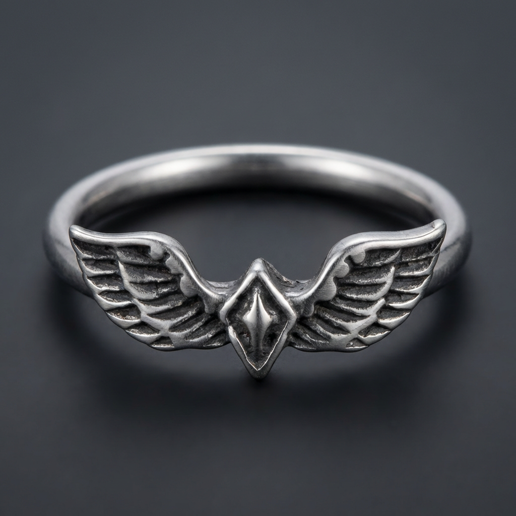 Flügel Schatten Ring with polished 316L stainless steel, featuring prominent, spread eagle wings and a faceted central point.
