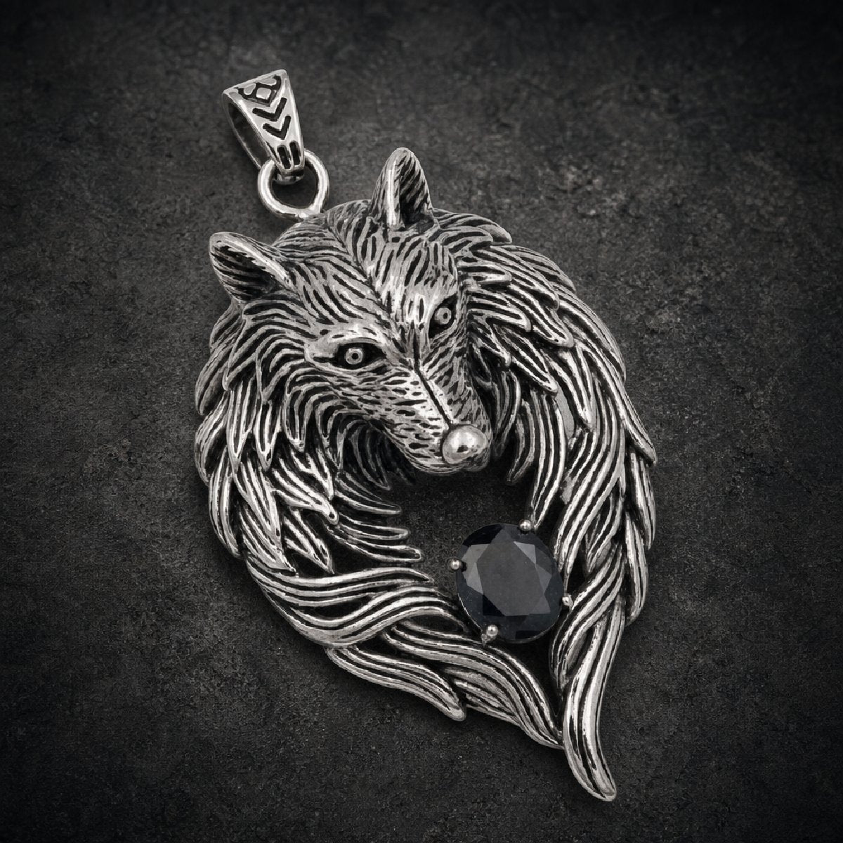 Wolf w/Black Stone Pendant - 316L stainless steel unisex jewelry, wolf head black stone pendant, stainless steel wolf jewelry