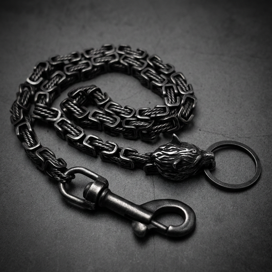 A heavy, gun metal gray 316L surgical stainless steel wallet chain featuring a wolf head motif and bold, detailed links with a secure clasp.