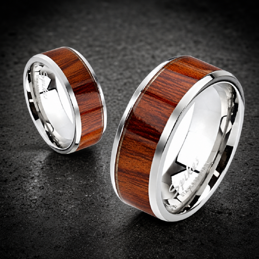 Wood Inlay Band Ring - 316L stainless steel unisex jewelry (R0375)